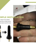 Close-up of 4 Pack Tire Valve Stems 20008 Rubber Snap In Tubeless Airtight Fit 0.453 Inch Rim Holes Replacement in hand