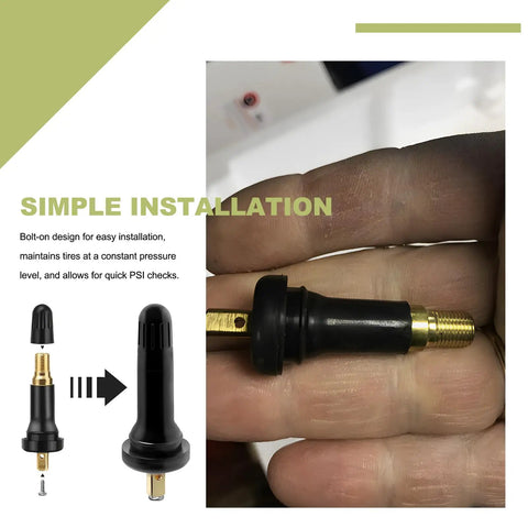 Close-up of 4 Pack Tire Valve Stems 20008 Rubber Snap In Tubeless Airtight Fit 0.453 Inch Rim Holes Replacement in hand
