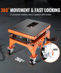 Hydraulic Motorcycle Lift Table With Wide Deck 350 Lbs Capacity Foot Operated Jack For Dirt Bikes And ATVs J Hooks 4 Wheels