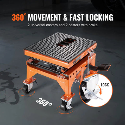 Hydraulic Motorcycle Lift Table With Wide Deck 350 Lbs Capacity Foot Operated Jack For Dirt Bikes And ATVs J Hooks 4 Wheels