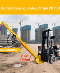 Heavy Duty Forklift Jib Boom Crane Attachment With Two Ton Lifting Power And Dual Hook Hoist System For Smooth Material Handling And No Sweat Telescopic Adjustments, extended from 7ft to 12ft, 4400lbs capacity.