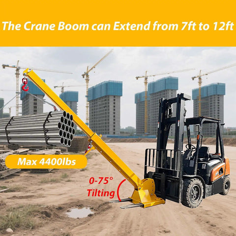 Heavy Duty Forklift Jib Boom Crane Attachment With Two Ton Lifting Power And Dual Hook Hoist System For Smooth Material Handling And No Sweat Telescopic Adjustments, extended from 7ft to 12ft, 4400lbs capacity.