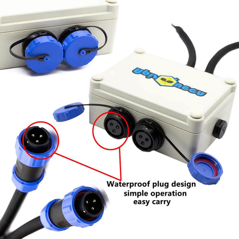 Waterproof plug design on junction box with blue connectors and cables, simple operation, easy carry, for the Beefed Up 12 To 16V Underwater Thruster U2 Set With Brushless Motor For Fishing Boats And ROVs, Total Thrust 7.5 Lbs.