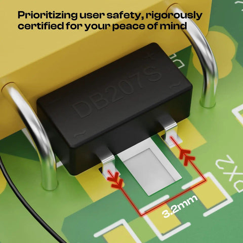 Close-up of 50W LED UV Screen Printing Light circuit board component, highlighting safety features and 3.2mm measurement.