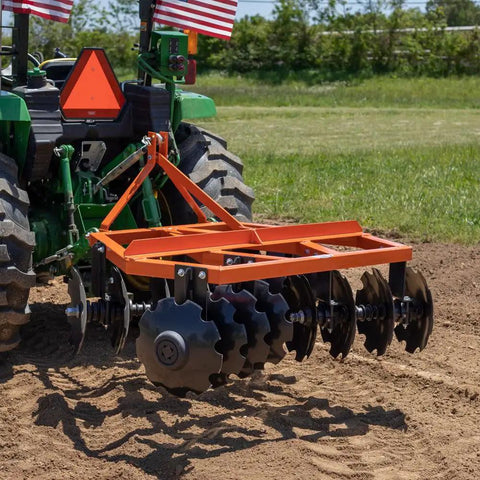 5ft Notched Disc Harrow Attachment For Cat 1 Tractors, 3 Point Implement with concave discs mounted on tractor tilling soil