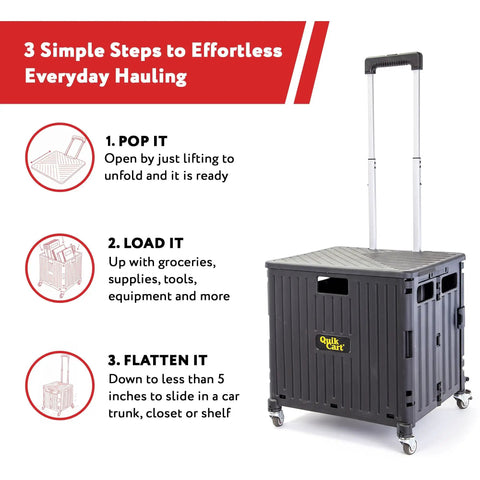 Quik Cart 360 Rolling Crate With Wheels Collapsible Utility Cart for teachers and home use, black, steel frame, telescoping handle.