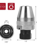 Damaged Bolt And Stud Extractor Tool For One Quarter Inch To One Half Inch Studs That Grips And Removes Broken Rounded Off Painted Over And Rusted Tight Bolts Heavy Duty Alloy Steel For Manual Or Pneumatic Wrenches, front and top view of chrome-plated tool with dimensions.