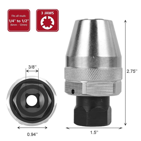 Damaged Bolt And Stud Extractor Tool For One Quarter Inch To One Half Inch Studs That Grips And Removes Broken Rounded Off Painted Over And Rusted Tight Bolts Heavy Duty Alloy Steel For Manual Or Pneumatic Wrenches, front and top view of chrome-plated tool with dimensions.