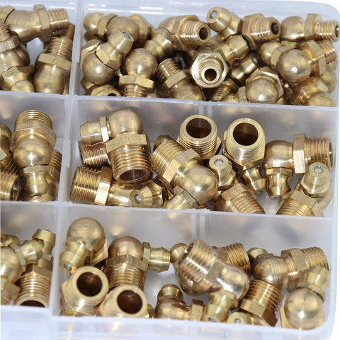 Boeray 115pcs brass zerk grease fittings SAE assortment kit; straight and angled (1/4" & 1/8") in plastic tray