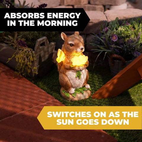 Charmed Solar Powered Led Outdoor Decor Porcelain Squirrel Figurine Light Up Garden Statue in a yard at night