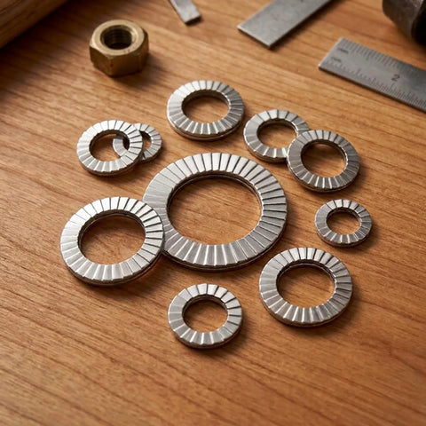 Rock Solid Heavy Duty Wedge Lock Washers Din 25201 Vibration Proof Double Sided Fasteners 304 Stainless Steel Ten Pack on wood.