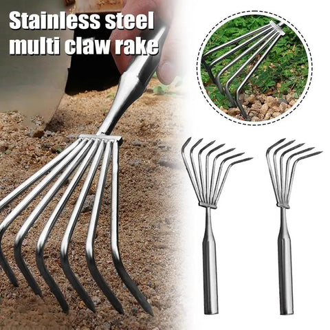 Stainless Steel Lawn Rake With Ergonomic Long Handle For Easy Weeding And Leaf Clearing Multi Claw Garden Heavy Duty Rake
