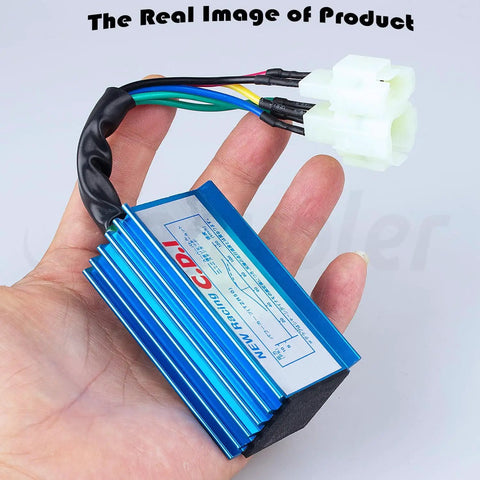 GY6 High Performance Racing CDI Box for 50cc to 150cc Chinese Scooters, shown in hand with two and four pin connectors.