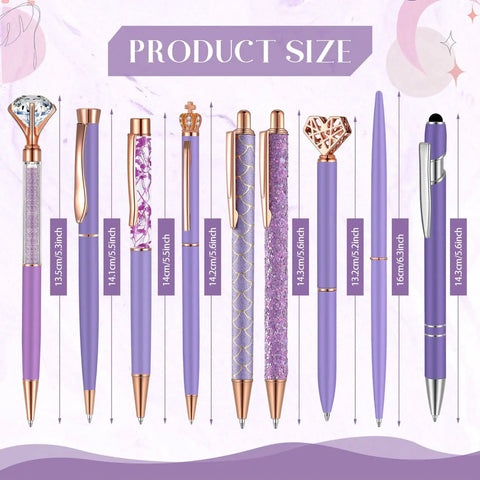 9 Piece Ballpoint Pen Set With Metal Crystal Diamond Glitter Ink For Journaling Purple Pens For Home Office Desk Gift