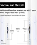 Sliding Patio Door Lock With 45 Degree Keyway And Adjustable Bolt Projection, Round End Faceplate For Glass Doors, Narrow Stile Aluminum Or Wooden Doors, 22mm Backset, Zinc Plated, Includes Mortise Lock, Keeper, Screws And U Shape Frame Faceplate shown with measurement options.