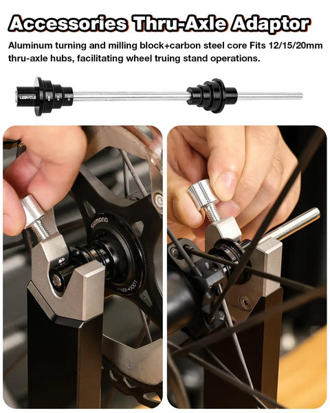 Pro Grade Bicycle Wheel Truing Stand For Professional Mechanics With Aluminum Alloy Base, shown with thru-axle adaptor