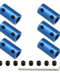 Six Pack 5mm To 8mm Bore Rigid Shaft Couplers Aluminum Alloy Blue, 25mm Length, 14mm Outside Diameter, M4 Set Screws, L Wrench Included, High Precision Shaft Alignment For CNC Robotics And Motor Projects; blue couplers and set screws