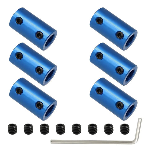 Six Pack 5mm To 8mm Bore Rigid Shaft Couplers Aluminum Alloy Blue, 25mm Length, 14mm Outside Diameter, M4 Set Screws, L Wrench Included, High Precision Shaft Alignment For CNC Robotics And Motor Projects; blue couplers and set screws