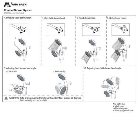 Diagram showing installation and angle adjustment for 5 Inch Anti Clog High Pressure Dual Shower Head With Handheld Spray.