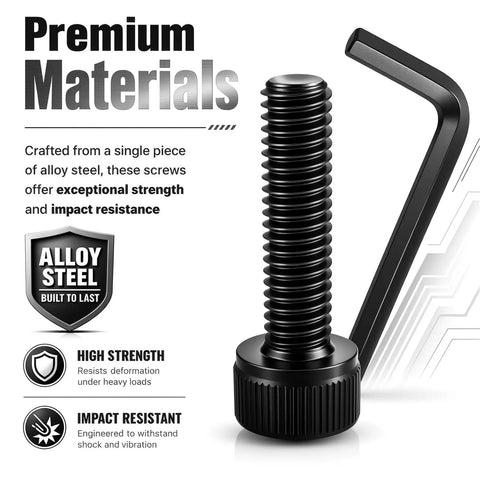 Fuel Wheel Center Cap Screws Replacement Kit With Hex Wrench, Corrosion Proof Thread Locking Bolts For 1001-63B Models showcase black alloy steel screw and hex wrench.