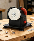 Compact Tabletop Electric Grinder With Dual Finishing Wheels For Snag Free Sharpening And Straight Up Reliable Deburring on a workbench.