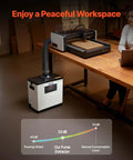 Beast Mode Solder Fume Extractor with workspace, showing noise level comparison for a peaceful environment.