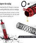 Front And Rear Full Metal Shock Upgrade Kit For One Tenth Scale Rustler And Stampede VXL 2WD RC Cars with high tension spring and O-rings in red.