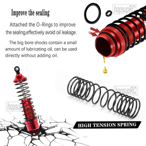 Front And Rear Full Metal Shock Upgrade Kit For One Tenth Scale Rustler And Stampede VXL 2WD RC Cars with high tension spring and O-rings in red.