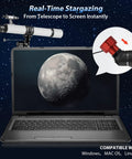 Laptop displaying lunar image with 4K Telescope Camera For Beginners 8MP USB Astronomy Camera connected to a telescope.