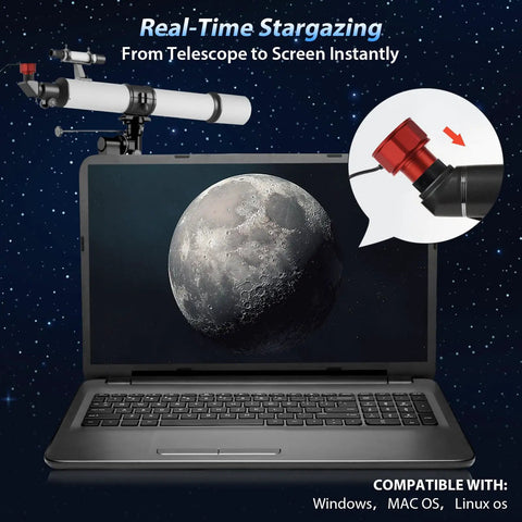 Laptop displaying lunar image with 4K Telescope Camera For Beginners 8MP USB Astronomy Camera connected to a telescope.