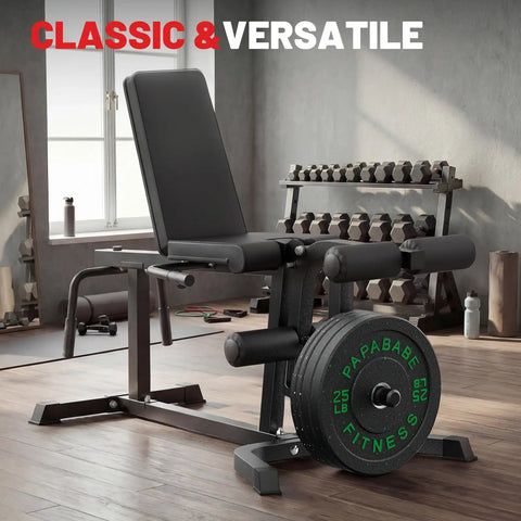 2 In 1 Leg Extension And Curl Machine For Home Gym with adjustable bench and weight plates in a modern workout room setup.