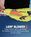 Child holding a child-safe leaf blower from Six Piece Power Gardening Toy Set For Kids Ages 3 And Up Featuring A Child Safe Leaf Blower Chainsaw Lawn Mower Weed Trimmer And More For Indoor Outdoor Play, showing button and LED details.