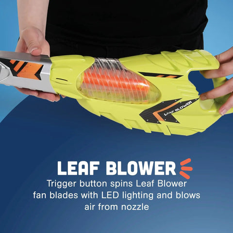 Child holding a child-safe leaf blower from Six Piece Power Gardening Toy Set For Kids Ages 3 And Up Featuring A Child Safe Leaf Blower Chainsaw Lawn Mower Weed Trimmer And More For Indoor Outdoor Play, showing button and LED details.