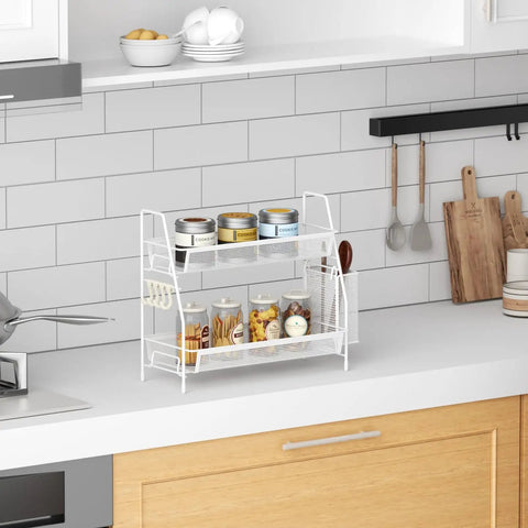 2 Tier Bathroom Organizer Countertop With Metal Wire Mesh Basket Hooks And Vanity Tray Shelf Kitchen Spice Rack White Finish on kitchen countertop with spices and jars