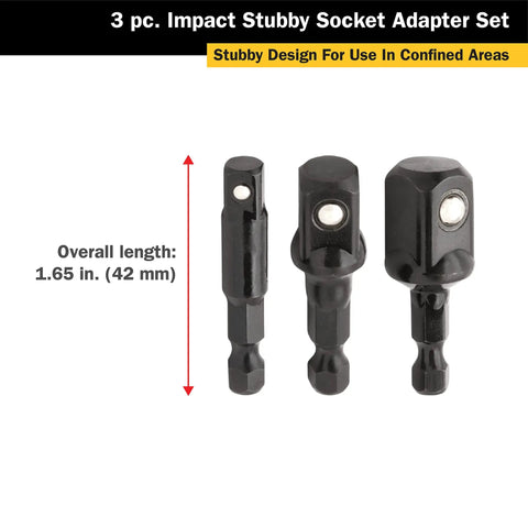 Three Piece Stubby Impact Socket Adapter And Extension Kit With One Quarter Inch Drive Three Eighths Inch Drive And One Half Inch Drive At A Compact Length One Point Six Inches Made From Impact Grade Chrome Vanadium With Black Phosphate Finish And Detent