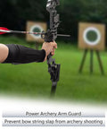 Person wearing Cooling Archery Arm Guard Sleeve With Full Forearm Coverage for Right Or Left Hand while shooting an arrow outdoors.
