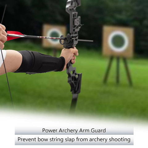 Person wearing Cooling Archery Arm Guard Sleeve With Full Forearm Coverage for Right Or Left Hand while shooting an arrow outdoors.