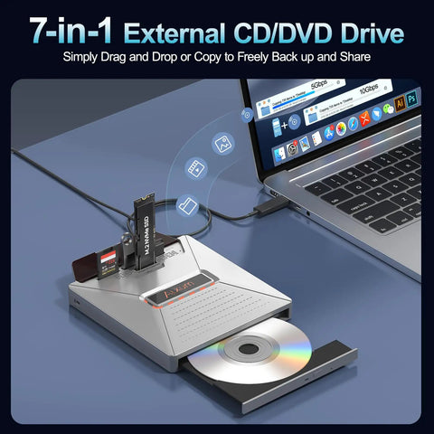 External CD DVD Drive For Laptop With 7 In 1 Disc Player Burner And M2 Slot Plug And Play USB C USB A Portable Optical Drive For Windows Mac OS Read Write CDs And DVDs, silver drive with disc tray and M.2 card slot