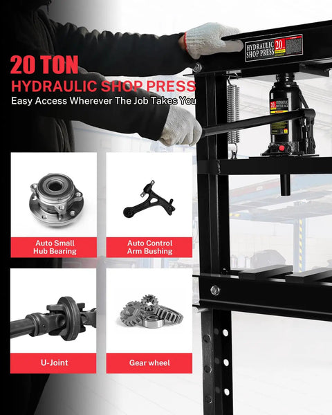 Heavy Hitter 20 Ton Hydraulic Shop Press With Stamping Plates Durable Carbon Steel H Frame Garage Press for bearing and U joint tasks.