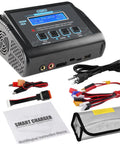 Beefy 150W 10A RC Battery Charger And Discharger With Balance, power cables, user manual, and safety bag for RC cars and drones.