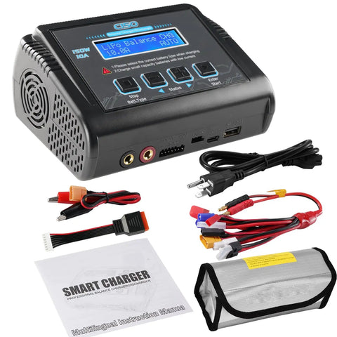 Beefy 150W 10A RC Battery Charger And Discharger With Balance, power cables, user manual, and safety bag for RC cars and drones.