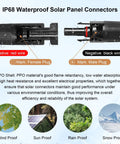 IP68 waterproof solar panel connectors with male and female plugs from 10 AWG 10 Ft Solar Panel Extension Cable With Waterproof Male And Female Connectors, Flame Retardant Sleeving, PV Wire For RVs, Boats, Home Solar Systems, Cars And Other Photovoltaic Setups.