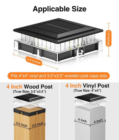 12 Pack Solar Post Cap Lights For 4x4 Posts No Wiring Needed Waterproof Warm White LEDs 360 Degree Illumination Fits 3.5x3.5 And 4x4 Wood Or Vinyl Fence Deck Posts Ideal For Patio Porch Outdoor Lighting size guide