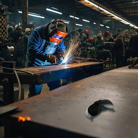 Heavy Duty Wrap Around Safety Glasses For Welding And Grinding With Impact Resistant Polycarbonate Lenses showing on a work table.