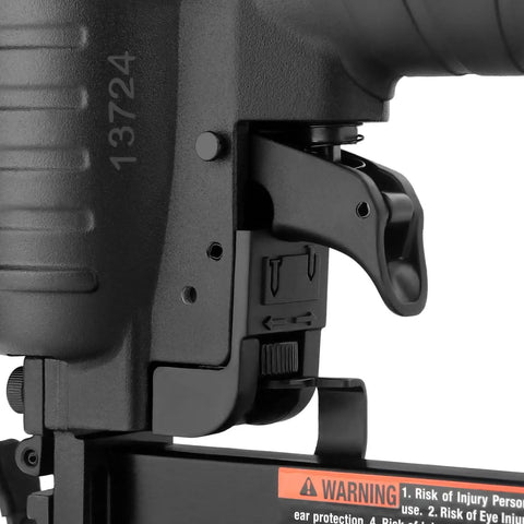 Close-up of 18 Gauge One Quarter Inch Narrow Crown Stapler with Pro Grade No Mar Tip and 360 Degree Exhaust