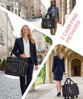 Rolling Teacher Tote Bag With Five Wheels And Detachable Trolley in use, showing 3 carrying methods in city scenes.