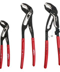 Three-Piece V-Jaw Pliers Tray Set With 7 Inch, 10 Inch, And Auto Grip 10 Inch V-Jaw Pliers with soft vinyl grips on white background