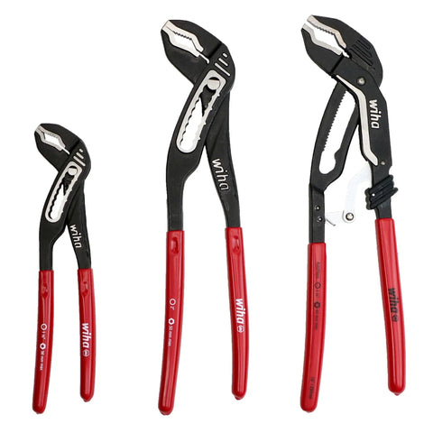 Three-Piece V-Jaw Pliers Tray Set With 7 Inch, 10 Inch, And Auto Grip 10 Inch V-Jaw Pliers with soft vinyl grips on white background