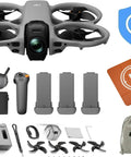 360 Motion Drone Fly More Kit With Goggles N3 And RC Motion 3, accessories laid out including propeller guard and NYC Care Plan