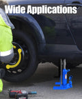 Heavy Duty 2 In 1 Hydraulic Bottle Toe Jack With Savage 10 Ton And 5 Ton Capacity in use under a vehicle for tire repair.